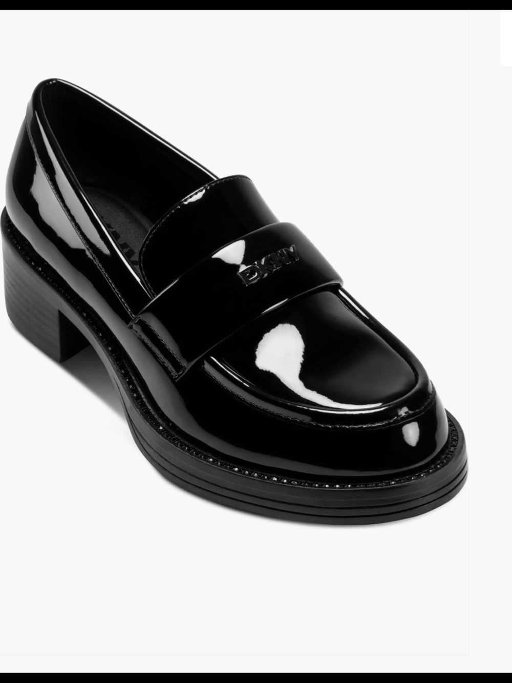 DKNY Black Patent Leather "Civelli" Loafers with Low Block Heel